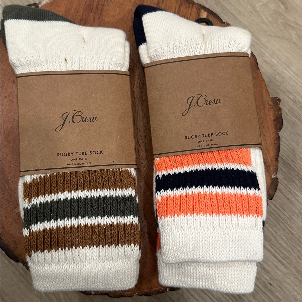 J. Crew Men's Rugby Tube Socks - White, Brown, and Orange Stripes